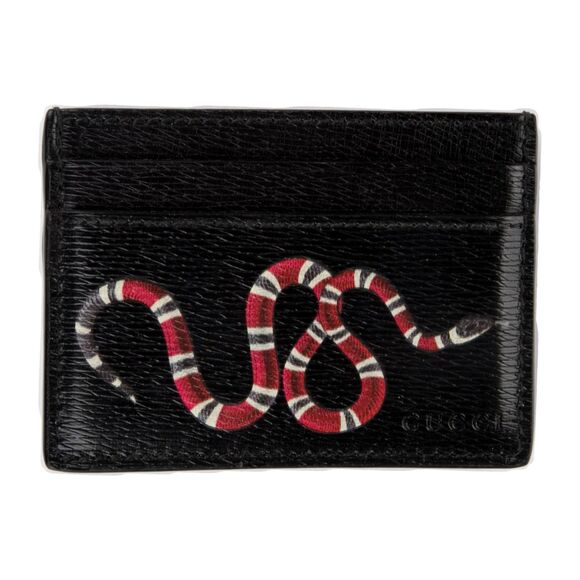 Authentic Gucci Kingsnake Print Leather Card Holder Black Red - Picture 1 of 8